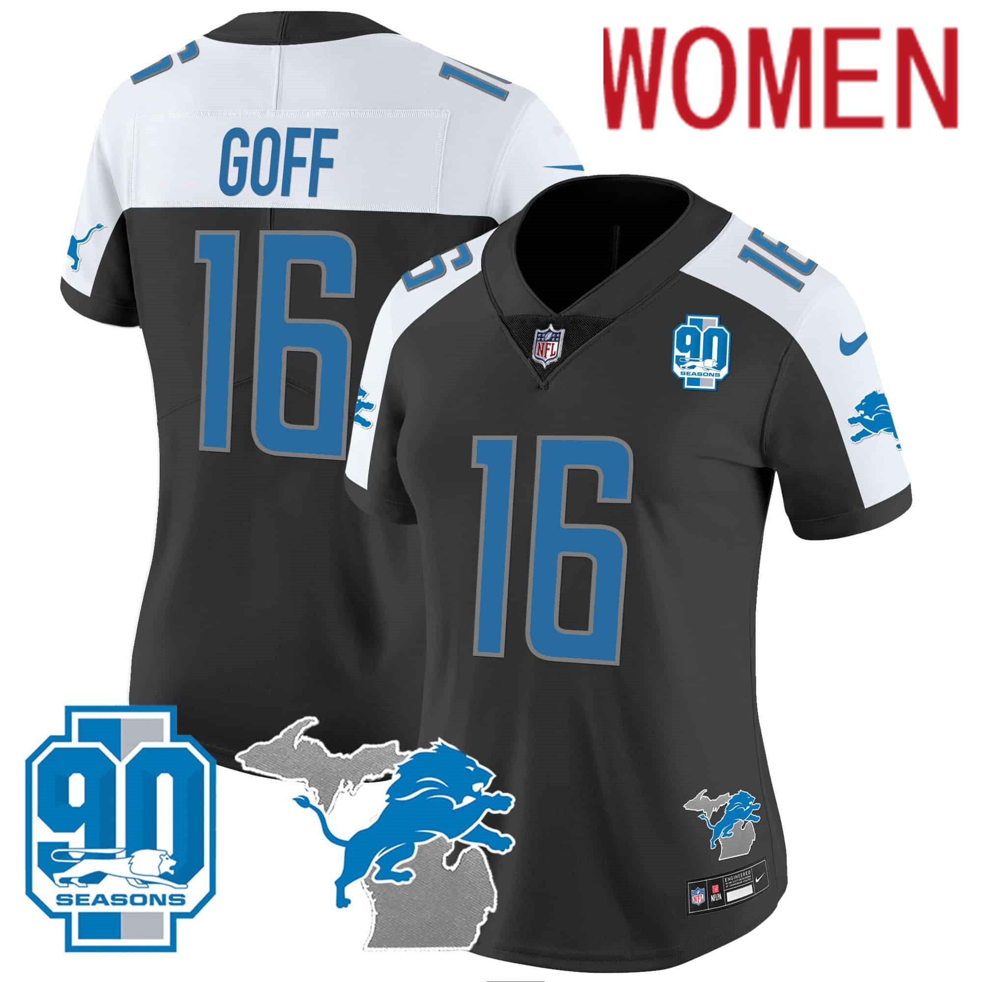 Women Detroit Lions #16 Goff Black 2024 Nike 90th Year Michigan Patch Vapor NFL Jersey->women nfl jersey->Women Jersey